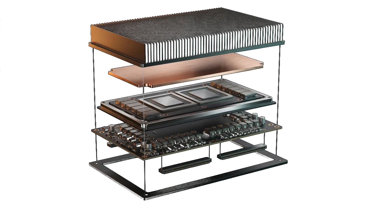 Exploded view of an NVIDIA B300 module: finned heatsink, copper cold plate, the Blackwell Ultra package with its HBM3e stacks, the power board and the mounting frame, floating apart in a stack.